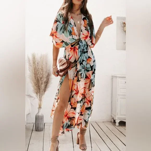 Orange Plunge Split Printed Short Sleeve Dress - Picture 1 of 7